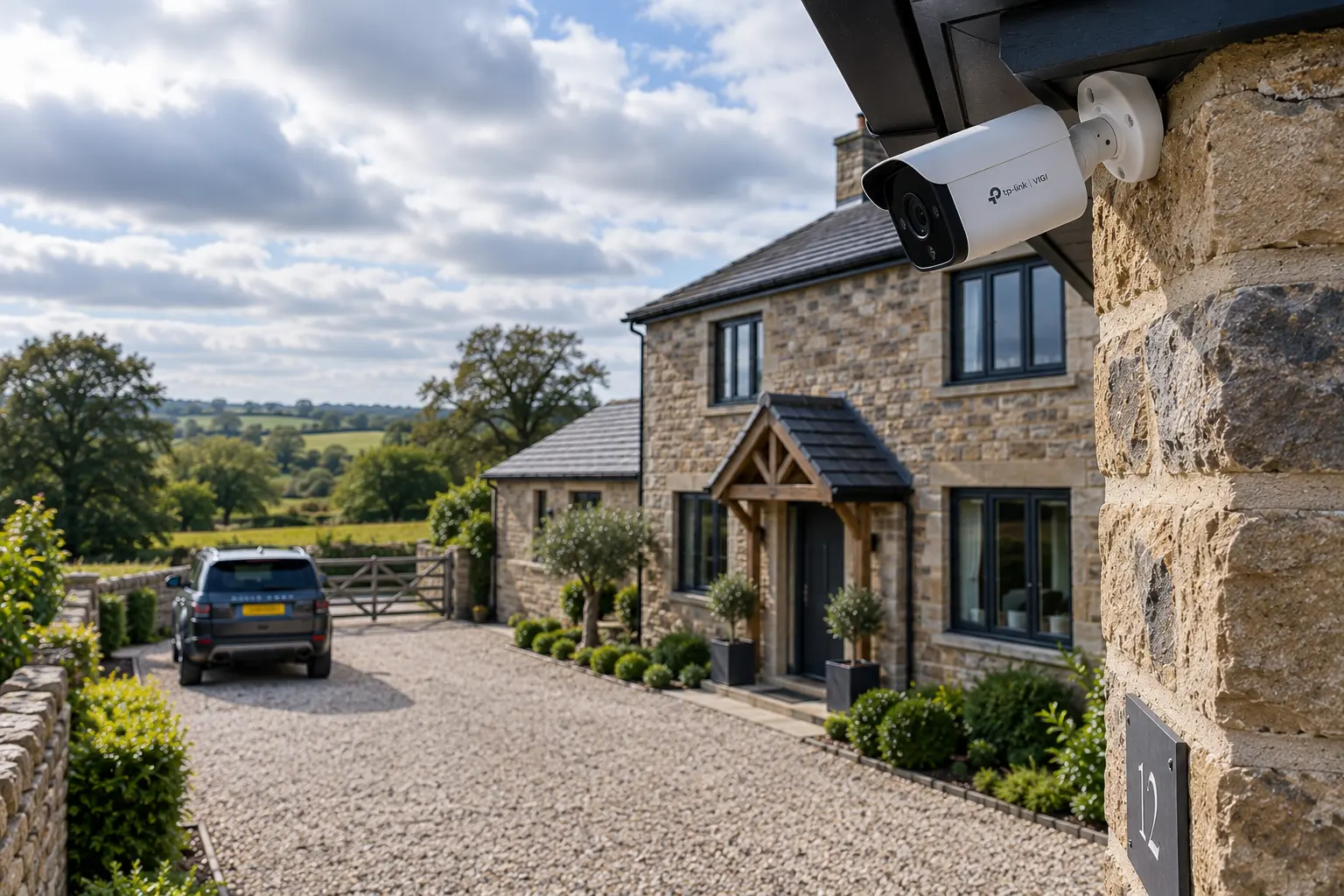 A TP-Link VIGI bullet camera mounted high on the eaves corner of a Yorkshire stone house, angled down the gravel driveway to cover the approach to the front door, with Dales countryside beyond.