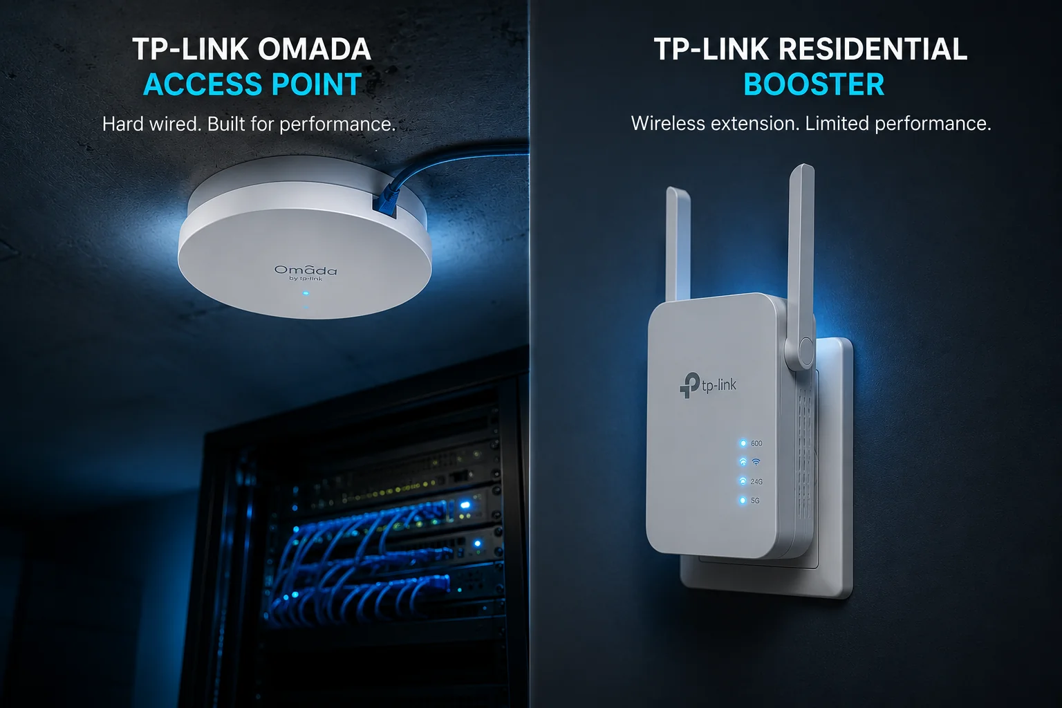 Side-by-side comparison graphic: on the left, a ceiling-mounted TP-Link Omada wireless access point above a data-cabinet — labelled 'Hard wired. Built for performance.'; on the right, a plug-in TP-Link residential range extender in a wall socket — labelled 'Wireless extension. Limited performance.'
