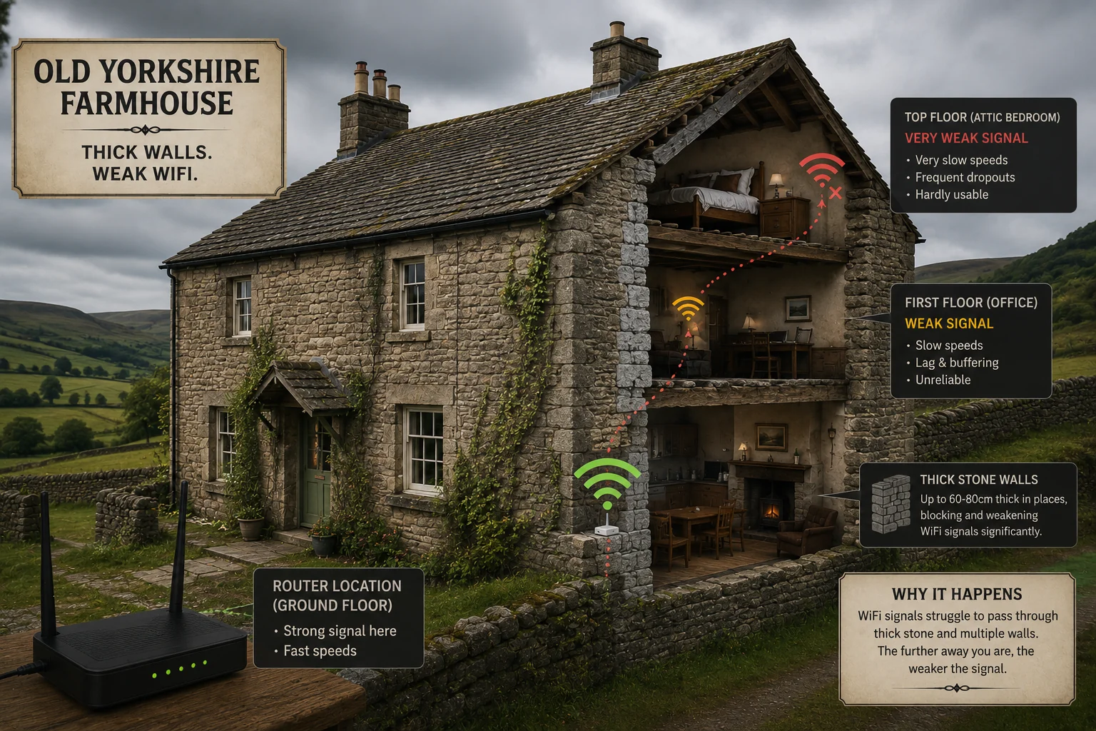 Cross-section infographic of a stone-built Yorkshire farmhouse showing how WiFi signal weakens from strong (router on ground floor) to weak (first floor) to very weak (attic bedroom) as it passes through thick stone walls