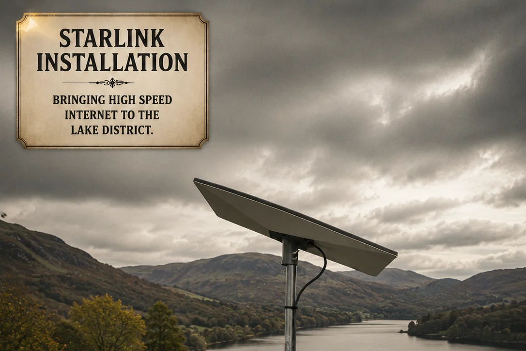Cinematic hero graphic: a pole-mounted Starlink dish installed on a Lake District stone garden wall, overlooking a moody lake and rolling autumnal fells, with an ornate 'Starlink Installation — bringing high speed internet to the Lake District' banner in the top-left