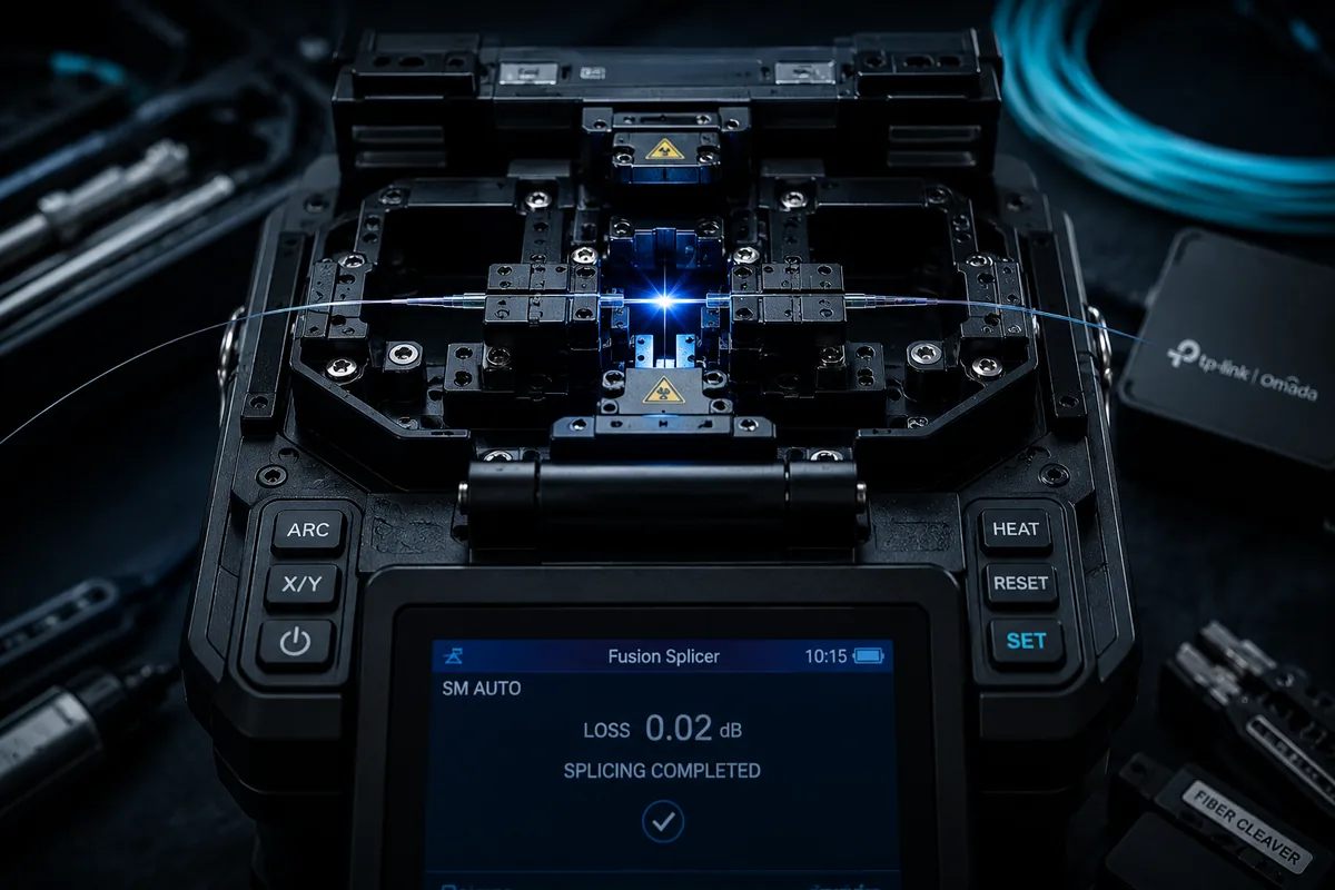 A fibre fusion splicer mid-splice, the bright arc fusing two fibre ends together, with the screen reading LOSS 0.02 dB and SPLICING COMPLETED — the in-house kit Geek Fix uses to repair broken fibre lines across Yorkshire.