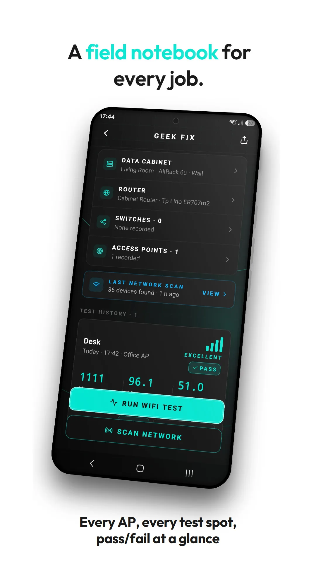 SignalMetrics feature graphic headed 'A field notebook for every job.' — a property screen listing the equipment recorded on site (data cabinet, router, access points), a last network scan of 36 devices, and a graded test-history entry marked EXCELLENT and PASS