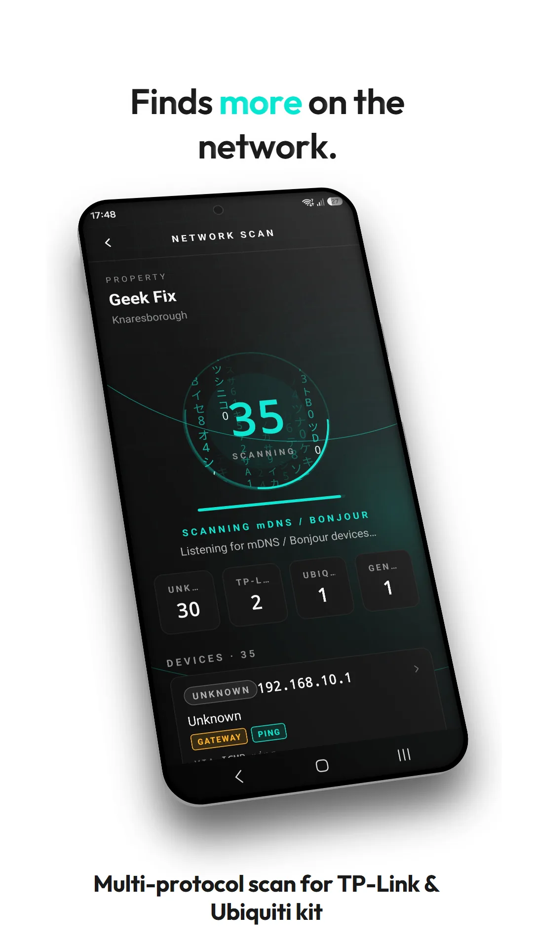 SignalMetrics feature graphic headed 'Finds more on the network.' — the network-scan screen mid-sweep with 35 devices found, tallied by vendor across TP-Link, Ubiquiti and unknown, each result carrying detection-method chips